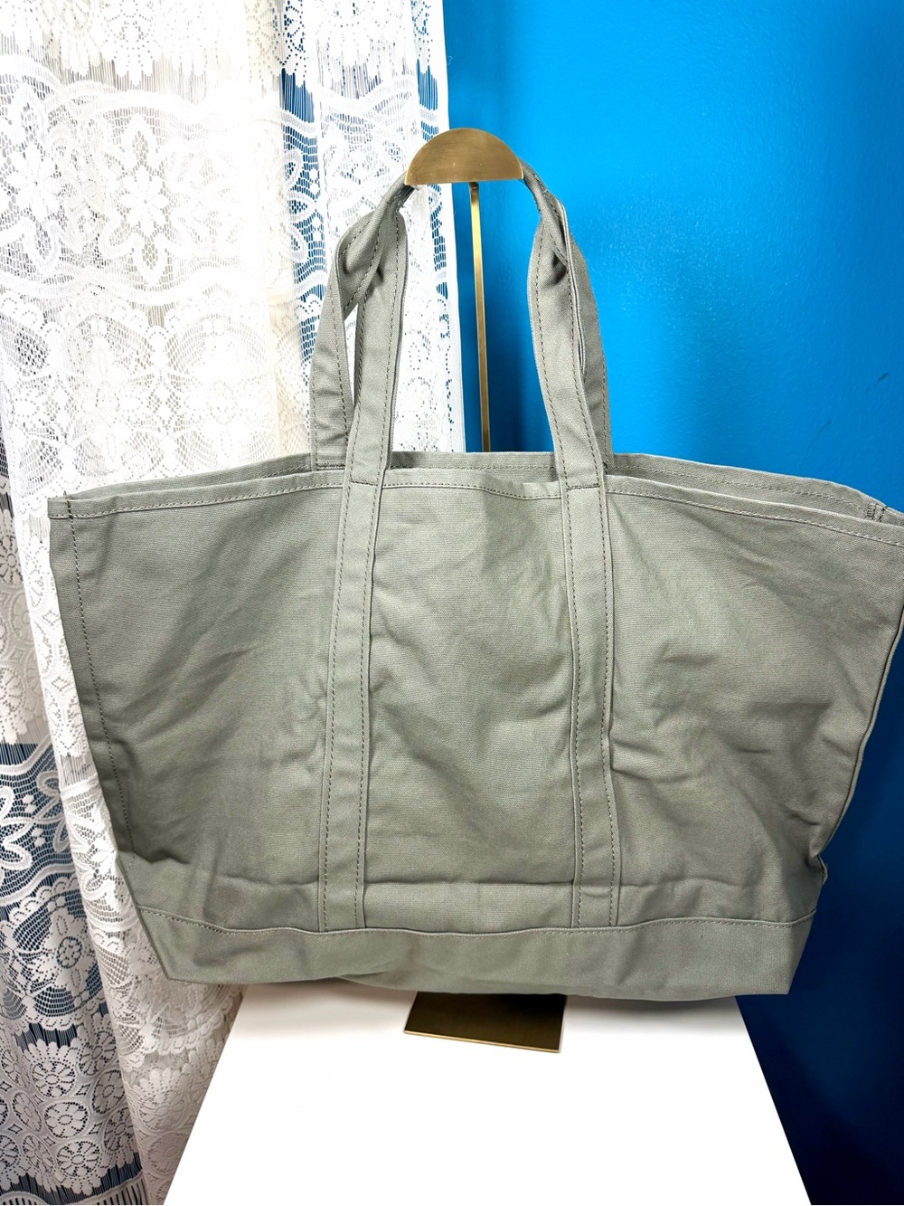 L.L.Bean Olive Grocery Canvas Tote 13.5 in H x 20 in L - Picture 2 of 2